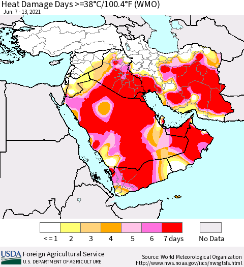 Middle East and Turkey Heat Damage Days >=38°C/100°F (WMO) Thematic Map For 6/7/2021 - 6/13/2021
