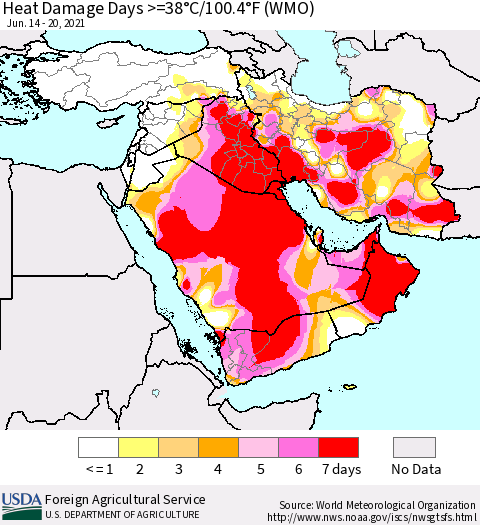 Middle East and Turkey Heat Damage Days >=38°C/100°F (WMO) Thematic Map For 6/14/2021 - 6/20/2021