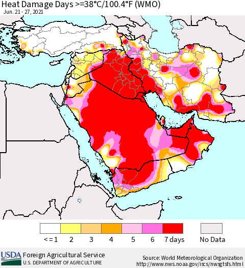 Middle East and Turkey Heat Damage Days >=38°C/100°F (WMO) Thematic Map For 6/21/2021 - 6/27/2021