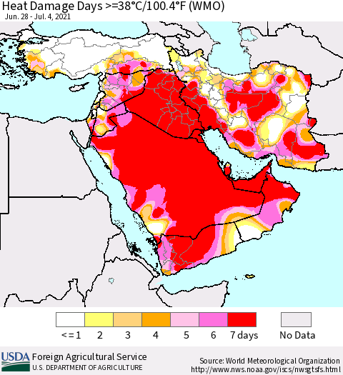 Middle East and Turkey Heat Damage Days >=38°C/100°F (WMO) Thematic Map For 6/28/2021 - 7/4/2021