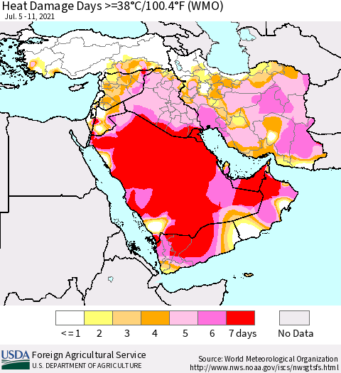 Middle East and Turkey Heat Damage Days >=38°C/100°F (WMO) Thematic Map For 7/5/2021 - 7/11/2021