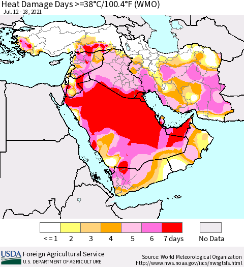 Middle East and Turkey Heat Damage Days >=38°C/100°F (WMO) Thematic Map For 7/12/2021 - 7/18/2021