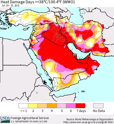 Middle East and Turkey Heat Damage Days >=38°C/100°F (WMO) Thematic Map For 7/19/2021 - 7/25/2021