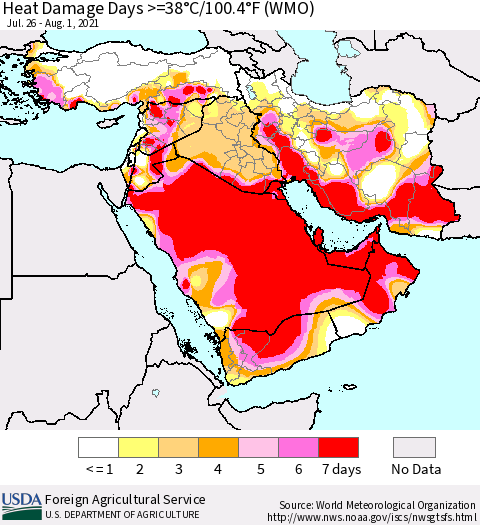 Middle East and Turkey Heat Damage Days >=38°C/100°F (WMO) Thematic Map For 7/26/2021 - 8/1/2021