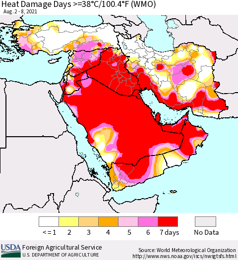 Middle East and Turkey Heat Damage Days >=38°C/100°F (WMO) Thematic Map For 8/2/2021 - 8/8/2021