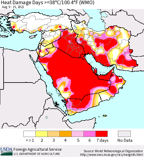 Middle East and Turkey Heat Damage Days >=38°C/100°F (WMO) Thematic Map For 8/9/2021 - 8/15/2021