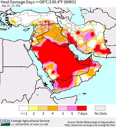 Middle East and Turkey Heat Damage Days >=38°C/100°F (WMO) Thematic Map For 8/16/2021 - 8/22/2021