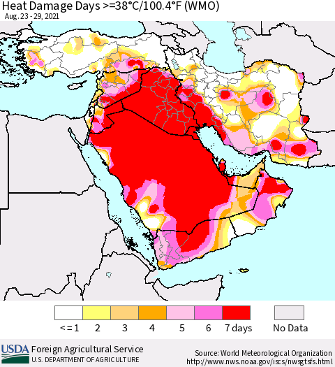 Middle East and Turkey Heat Damage Days >=38°C/100°F (WMO) Thematic Map For 8/23/2021 - 8/29/2021