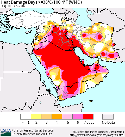 Middle East and Turkey Heat Damage Days >=38°C/100°F (WMO) Thematic Map For 8/30/2021 - 9/5/2021