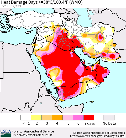 Middle East and Turkey Heat Damage Days >=38°C/100°F (WMO) Thematic Map For 9/6/2021 - 9/12/2021