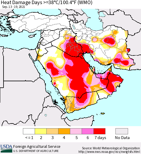 Middle East and Turkey Heat Damage Days >=38°C/100°F (WMO) Thematic Map For 9/13/2021 - 9/19/2021