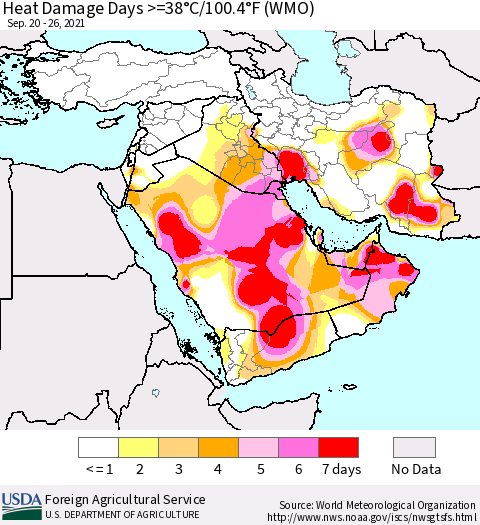 Middle East and Turkey Heat Damage Days >=38°C/100°F (WMO) Thematic Map For 9/20/2021 - 9/26/2021