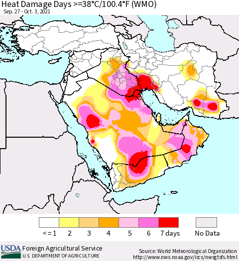 Middle East and Turkey Heat Damage Days >=38°C/100°F (WMO) Thematic Map For 9/27/2021 - 10/3/2021