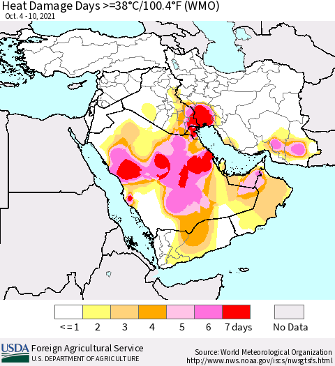 Middle East and Turkey Heat Damage Days >=38°C/100°F (WMO) Thematic Map For 10/4/2021 - 10/10/2021