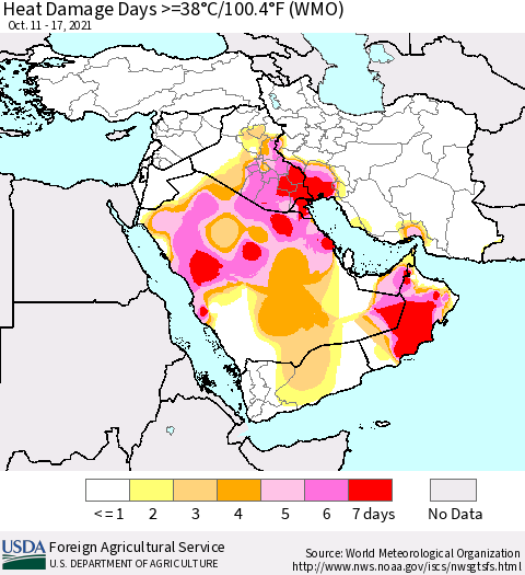 Middle East and Turkey Heat Damage Days >=38°C/100°F (WMO) Thematic Map For 10/11/2021 - 10/17/2021