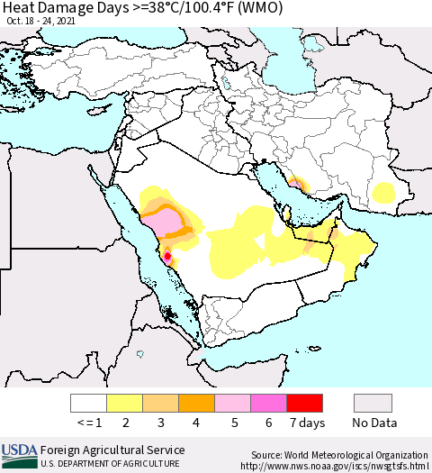 Middle East and Turkey Heat Damage Days >=38°C/100°F (WMO) Thematic Map For 10/18/2021 - 10/24/2021
