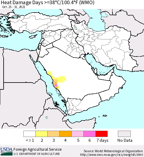 Middle East and Turkey Heat Damage Days >=38°C/100°F (WMO) Thematic Map For 10/25/2021 - 10/31/2021