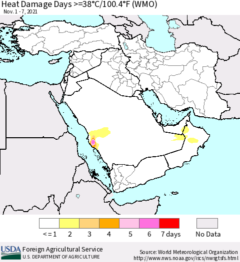 Middle East and Turkey Heat Damage Days >=38°C/100°F (WMO) Thematic Map For 11/1/2021 - 11/7/2021