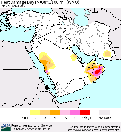Middle East and Turkey Heat Damage Days >=38°C/100°F (WMO) Thematic Map For 3/28/2022 - 4/3/2022