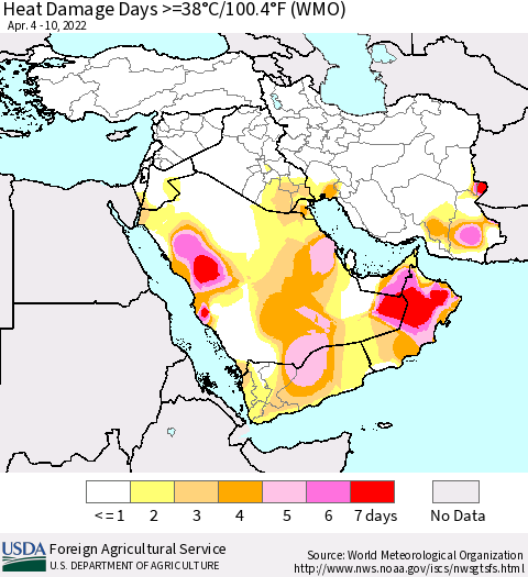 Middle East and Turkey Heat Damage Days >=38°C/100°F (WMO) Thematic Map For 4/4/2022 - 4/10/2022