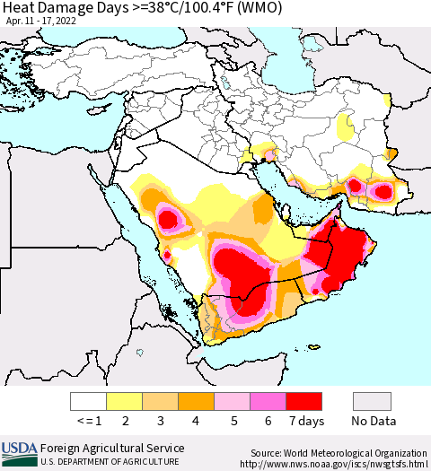 Middle East and Turkey Heat Damage Days >=38°C/100°F (WMO) Thematic Map For 4/11/2022 - 4/17/2022