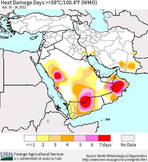 Middle East and Turkey Heat Damage Days >=38°C/100°F (WMO) Thematic Map For 4/18/2022 - 4/24/2022