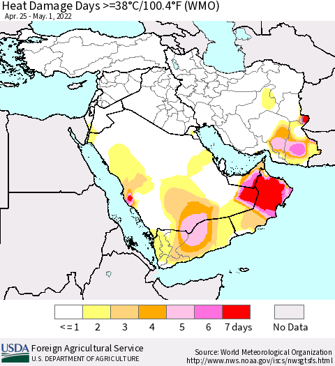Middle East and Turkey Heat Damage Days >=38°C/100°F (WMO) Thematic Map For 4/25/2022 - 5/1/2022