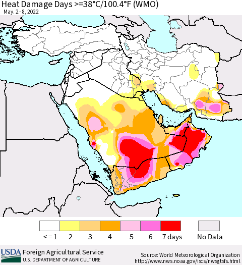 Middle East and Turkey Heat Damage Days >=38°C/100°F (WMO) Thematic Map For 5/2/2022 - 5/8/2022