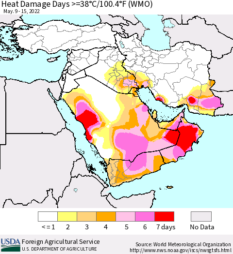 Middle East and Turkey Heat Damage Days >=38°C/100°F (WMO) Thematic Map For 5/9/2022 - 5/15/2022