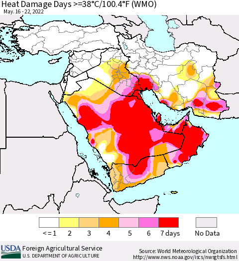 Middle East and Turkey Heat Damage Days >=38°C/100°F (WMO) Thematic Map For 5/16/2022 - 5/22/2022