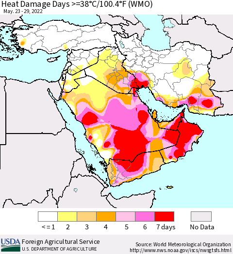 Middle East and Turkey Heat Damage Days >=38°C/100°F (WMO) Thematic Map For 5/23/2022 - 5/29/2022