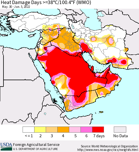 Middle East and Turkey Heat Damage Days >=38°C/100°F (WMO) Thematic Map For 5/30/2022 - 6/5/2022