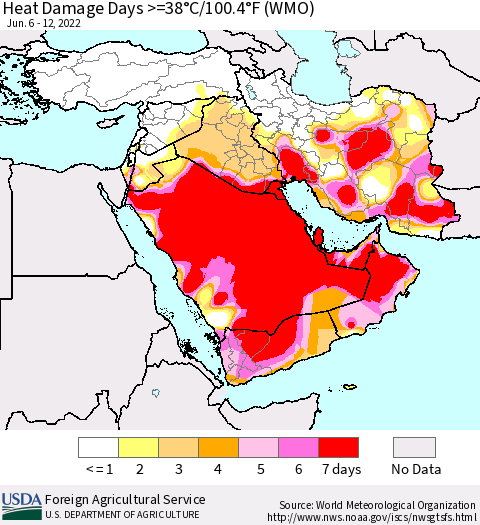 Middle East and Turkey Heat Damage Days >=38°C/100°F (WMO) Thematic Map For 6/6/2022 - 6/12/2022