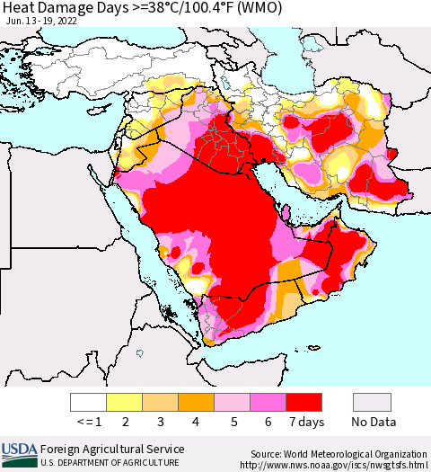 Middle East and Turkey Heat Damage Days >=38°C/100°F (WMO) Thematic Map For 6/13/2022 - 6/19/2022