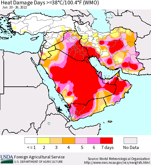 Middle East and Turkey Heat Damage Days >=38°C/100°F (WMO) Thematic Map For 6/20/2022 - 6/26/2022