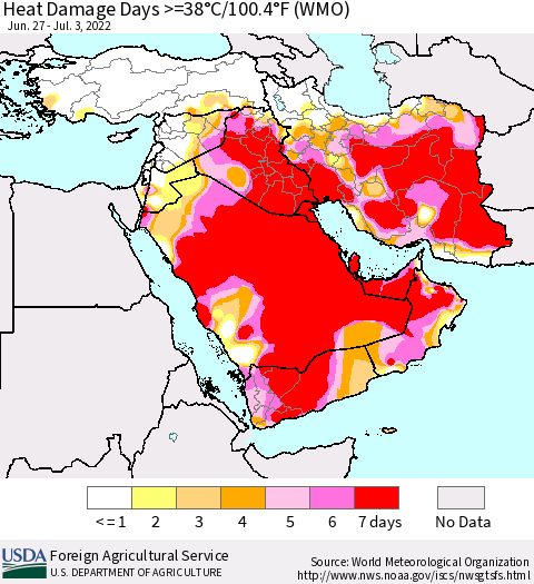 Middle East and Turkey Heat Damage Days >=38°C/100°F (WMO) Thematic Map For 6/27/2022 - 7/3/2022