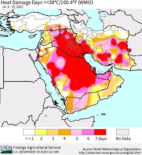 Middle East and Turkey Heat Damage Days >=38°C/100°F (WMO) Thematic Map For 7/4/2022 - 7/10/2022