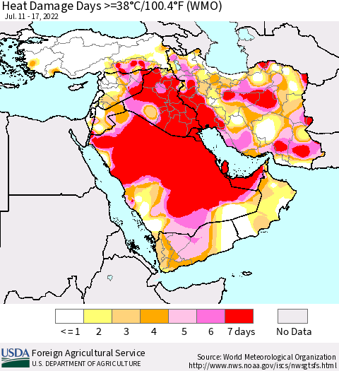 Middle East and Turkey Heat Damage Days >=38°C/100°F (WMO) Thematic Map For 7/11/2022 - 7/17/2022
