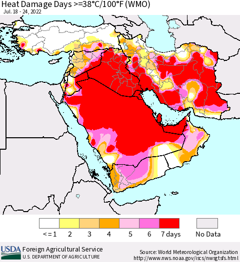 Middle East and Turkey Heat Damage Days >=38°C/100°F (WMO) Thematic Map For 7/18/2022 - 7/24/2022