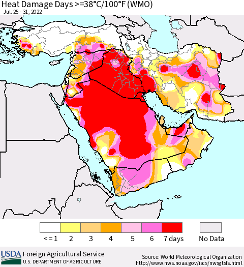 Middle East and Turkey Heat Damage Days >=38°C/100°F (WMO) Thematic Map For 7/25/2022 - 7/31/2022