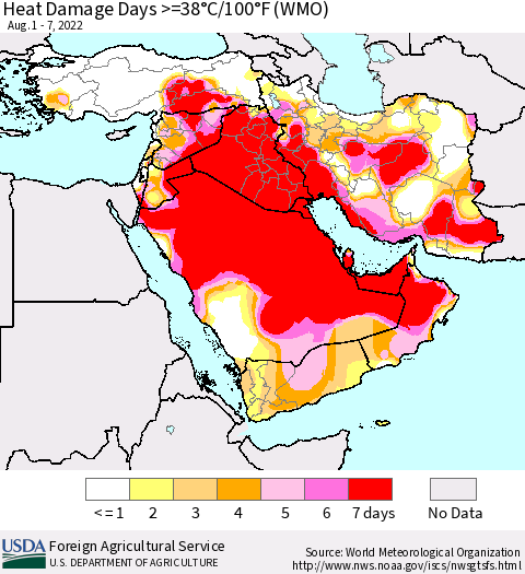 Middle East and Turkey Heat Damage Days >=38°C/100°F (WMO) Thematic Map For 8/1/2022 - 8/7/2022