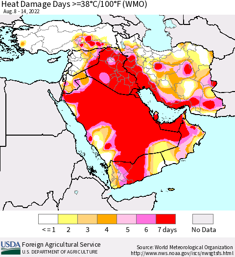 Middle East and Turkey Heat Damage Days >=38°C/100°F (WMO) Thematic Map For 8/8/2022 - 8/14/2022