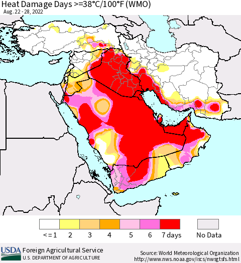 Middle East and Turkey Heat Damage Days >=38°C/100°F (WMO) Thematic Map For 8/22/2022 - 8/28/2022