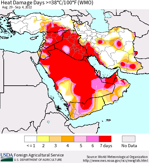 Middle East and Turkey Heat Damage Days >=38°C/100°F (WMO) Thematic Map For 8/29/2022 - 9/4/2022