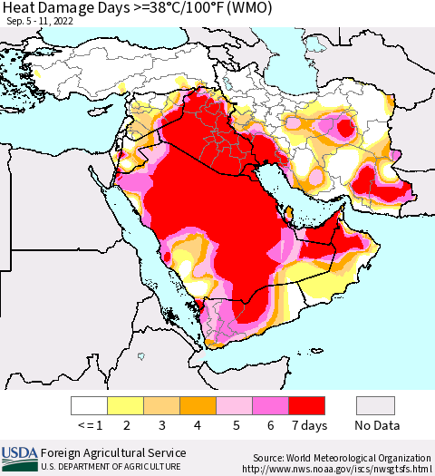 Middle East and Turkey Heat Damage Days >=38°C/100°F (WMO) Thematic Map For 9/5/2022 - 9/11/2022