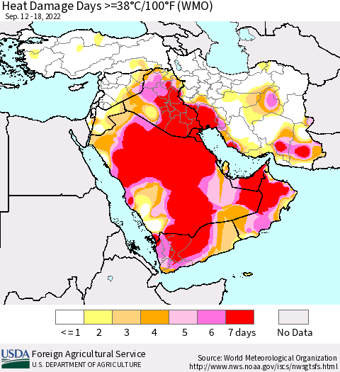Middle East and Turkey Heat Damage Days >=38°C/100°F (WMO) Thematic Map For 9/12/2022 - 9/18/2022