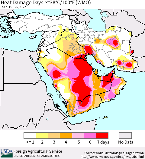 Middle East and Turkey Heat Damage Days >=38°C/100°F (WMO) Thematic Map For 9/19/2022 - 9/25/2022