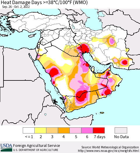 Middle East and Turkey Heat Damage Days >=38°C/100°F (WMO) Thematic Map For 9/26/2022 - 10/2/2022