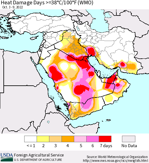 Middle East and Turkey Heat Damage Days >=38°C/100°F (WMO) Thematic Map For 10/3/2022 - 10/9/2022