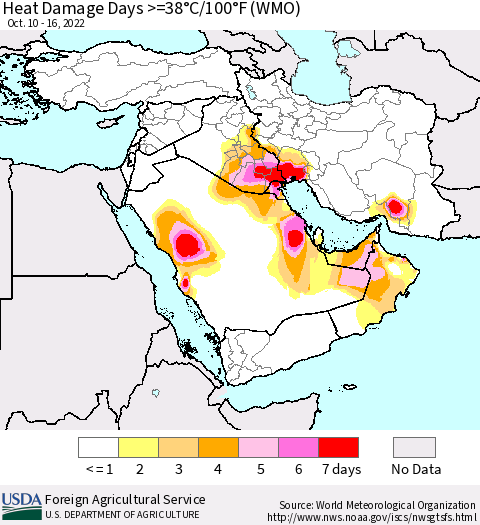 Middle East and Turkey Heat Damage Days >=38°C/100°F (WMO) Thematic Map For 10/10/2022 - 10/16/2022